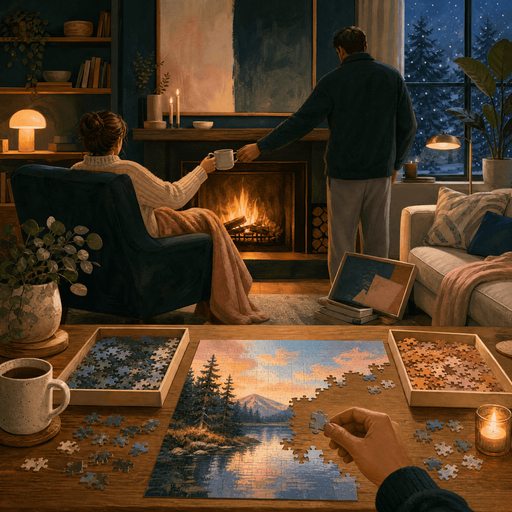Puzzle Night by the Fireplace